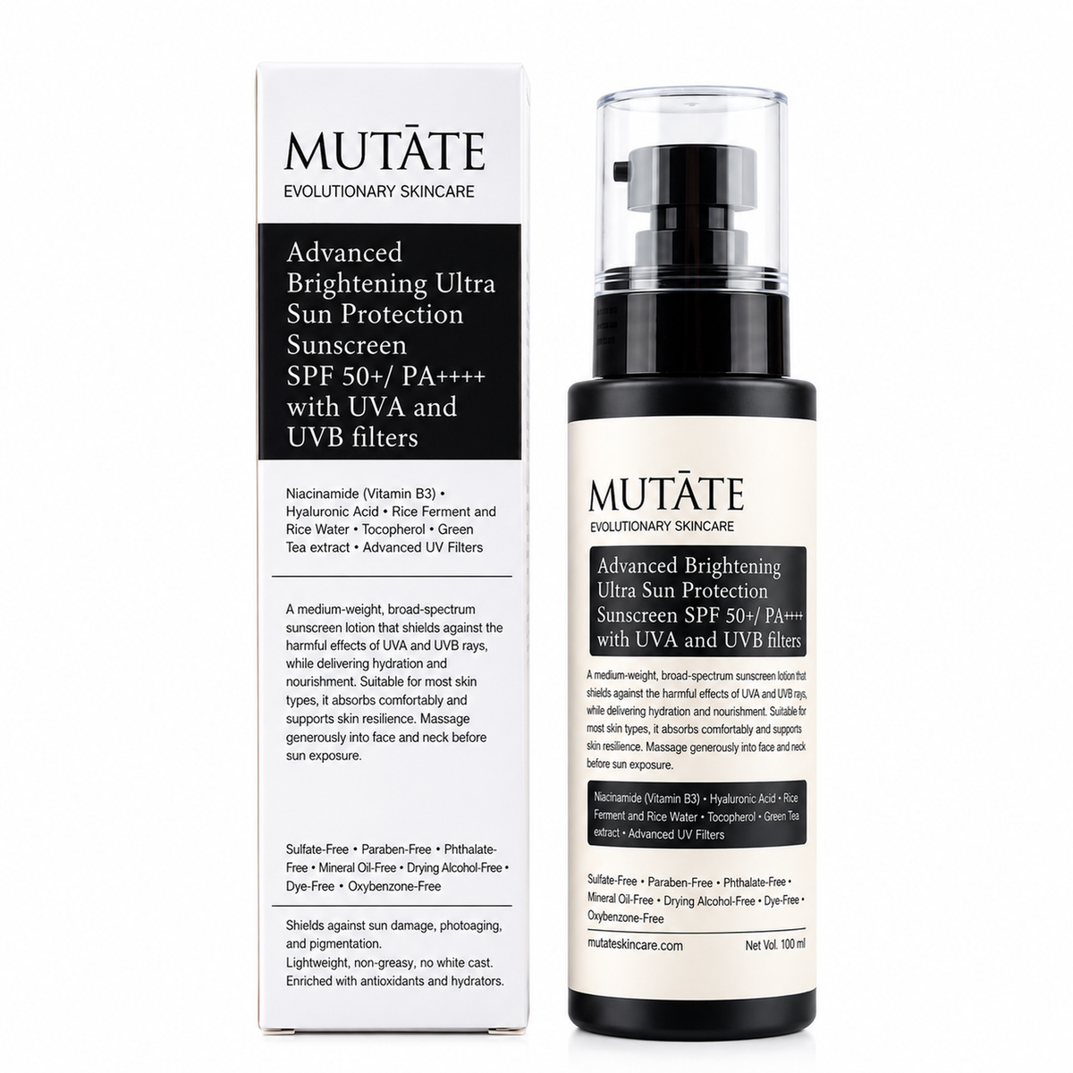 Mutate Advanced Brightening Sunscreen SPF 50+ PA++++ bottle and carton