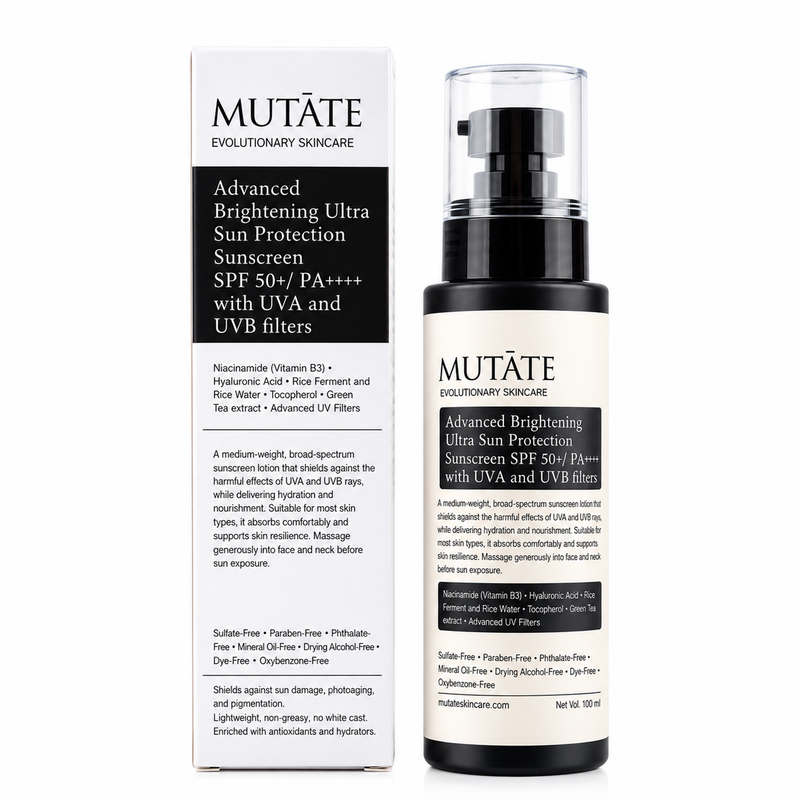 Mutate Advanced Brightening Sunscreen SPF 50+ PA++++ bottle and carton